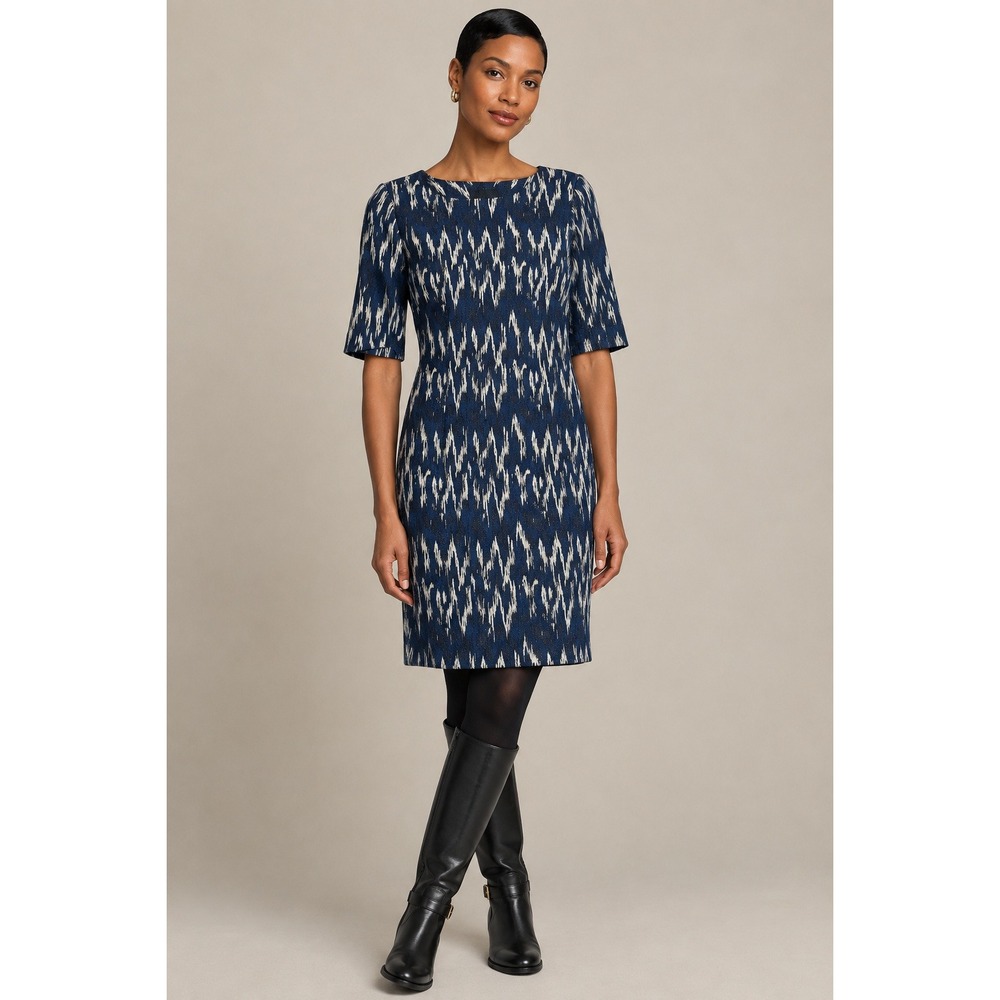Bitte Kai Rand Architectural Ikat Sheath Dress L Black Blue Danish Workwear
